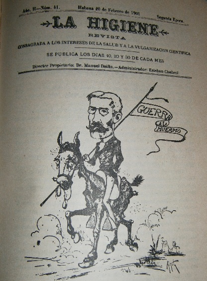 Foto de Portada de la revista “La higiene” con la caricatura del Dr. Dávalos, con motivo de su célebre campaña contra el muermo en la capital cubana.
